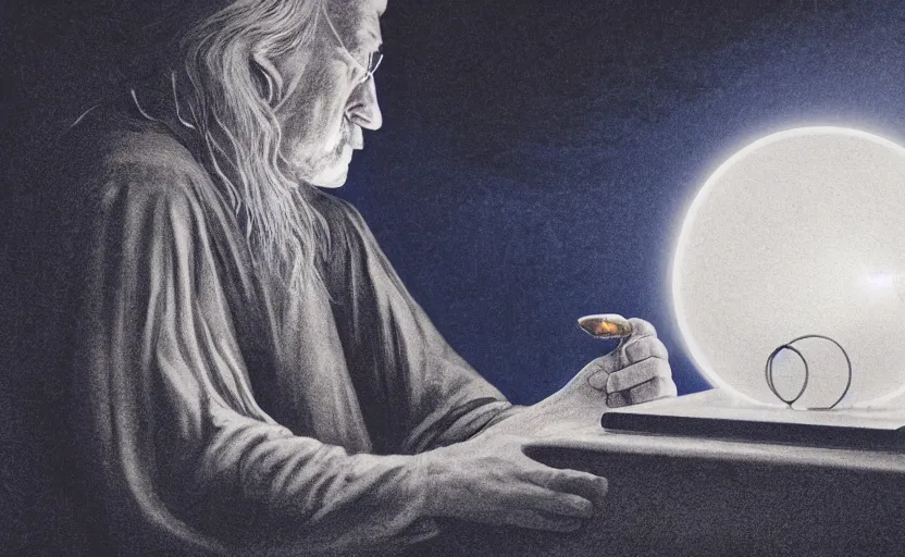 Image similar to wizard seated in dimly lit study, holding hand over a crystal ball, crystal ball glowing blue