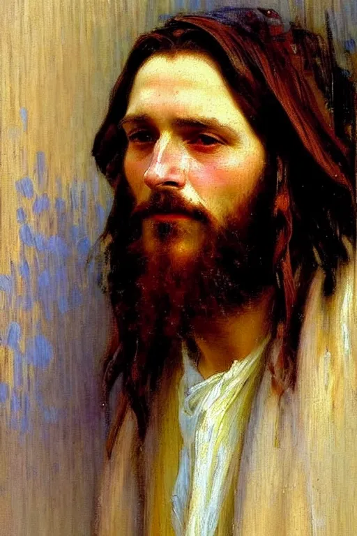 Image similar to impressionist brushstrokes!!!!!!!!! solomon joseph solomon and richard schmid and jeremy lipking victorian loose genre loose painting full length portrait painting of jesus with a slight smile happy inviting