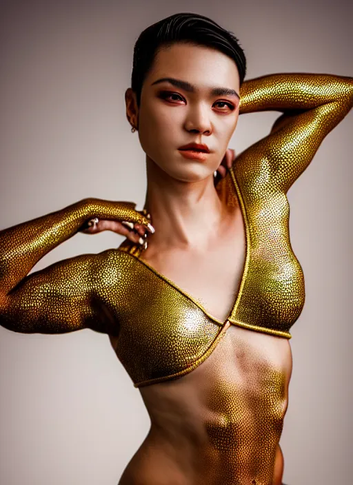 Image similar to photo of a woman with gleaming metallic gold dragon scales for skin in the style of stefan kostic, realistic, full body shot in bikini, sharp focus, 8 k high definition, piercings, insanely detailed, intricate, elegant, art by stanley lau and artgerm, extreme bokeh foliage