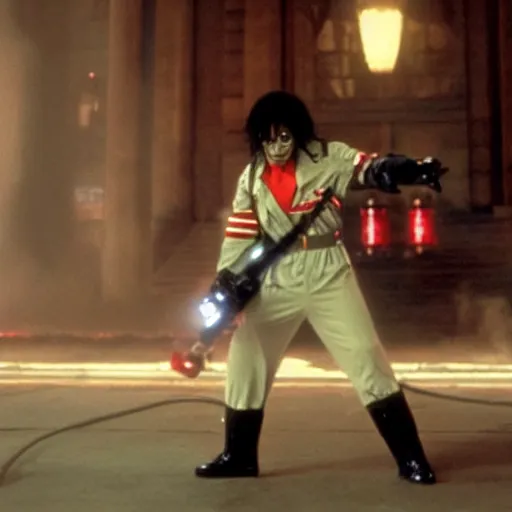 Image similar to stunning awe inspiring michael jackson as a ghostbuster in the movie ghostbusters, movie still 8 k hdr atmospheric lighting