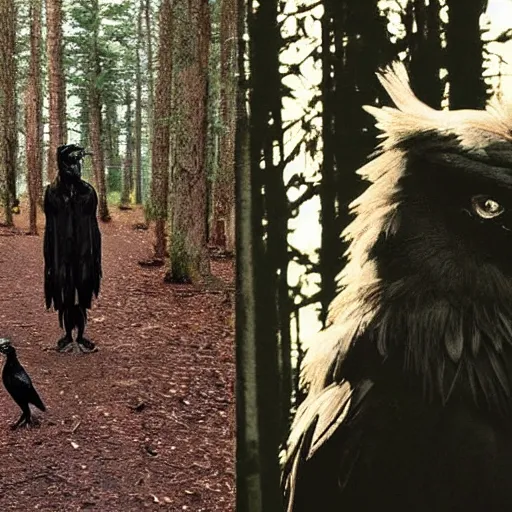 Image similar to !!!!!! werecreature consisting of a crow and a human, photograph captured in a dark forest