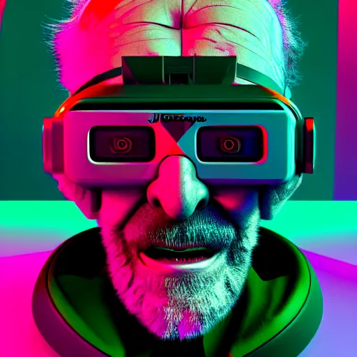 Prompt: Colour Photography of 1000 years old man with highly detailed 1000 years old face wearing higly detailed cyberpunk VR Headset designed by Josan Gonzalez . in style of Josan Gonzalez. Rendered in Blender