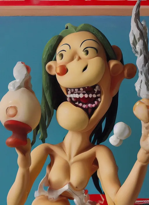 Image similar to a grotesque oil painting of an anime girl figurine caricature with a big dumb grin featured on Wallace and Gromit by arthur szyk