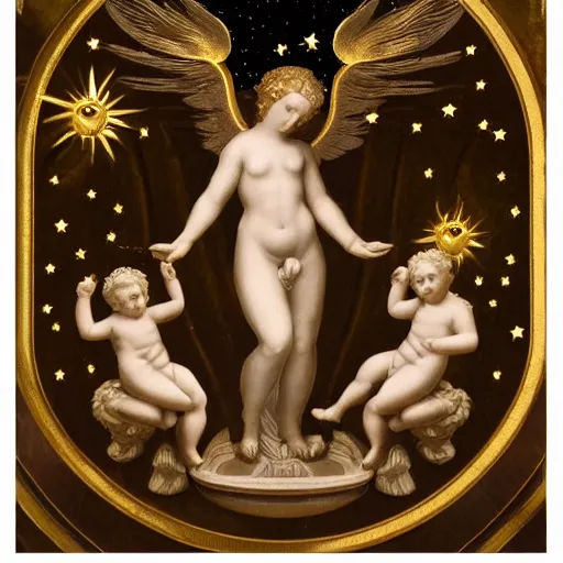 Prompt: Saint Woman, Putti, Venus, Athena, Sistina, baroque, marble and gold, stars, space, sun, pomegranade, pinecone, bronze