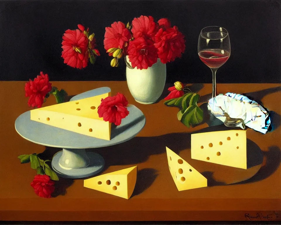 Prompt: an achingly beautiful still life featuring blooming flowers, wheels of cheese, and red wine by Raphael, Hopper, and Rene Magritte. detailed, romantic, studio lighting, enchanting, trending on artstation.