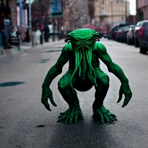 Prompt: photo of a man walk a cthulhu on the street, 8 k