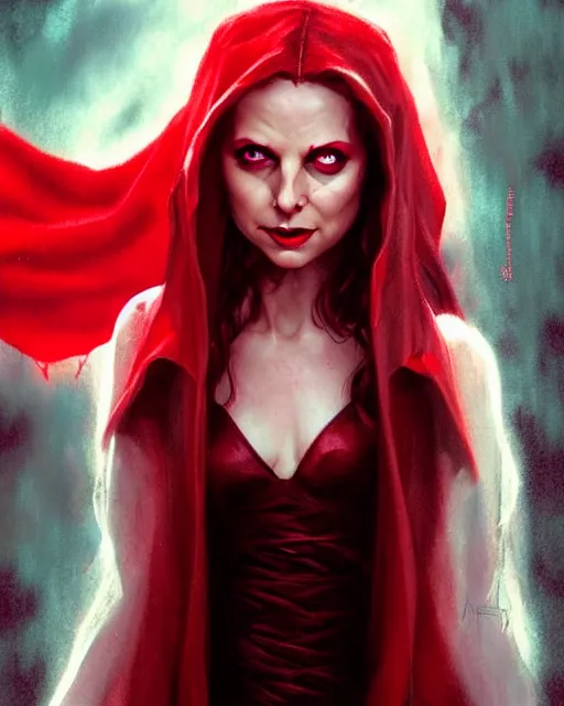 Prompt: Scarlet witch Sarah Michelle Gellar, evil smile, spells magic, realistic character concept, full body, scary pose, comic book, illustration, slender symmetrical face and body, cinematic lighting, high resolution, Charlie Bowater, Norman Rockwell, symmetrical eyes, single face, insanely detailed and intricate, beautiful