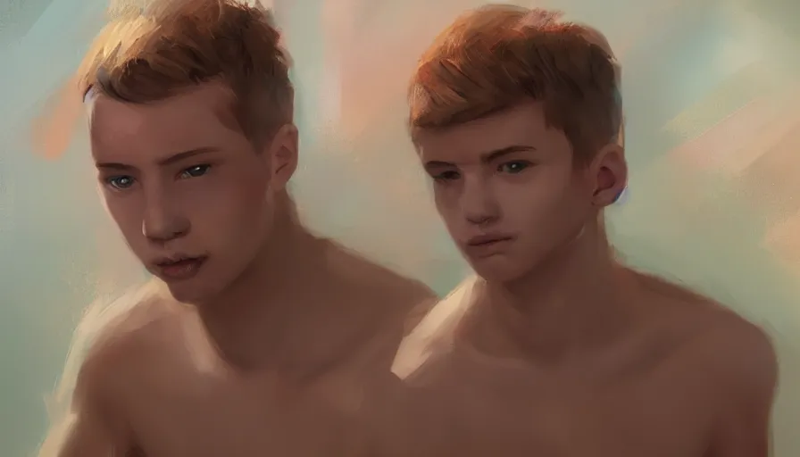 Image similar to gay teen twink, concept art by jama jurabaev, cinematic shot, trending on artstation, high quality, brush stroke