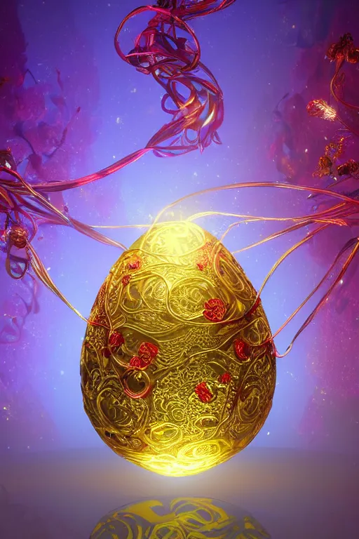 Prompt: a detailed glowing egg with swirls of red and blue emerging from the blossom of a metallic gold flower with tendrils of gold wrapping around the egg, an egg sitting inside a rose made out of silver and gold, fantasy concept art, unreal engine 5, volumetric lighting, trending on artstation