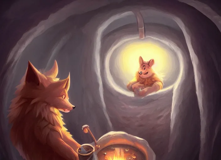 Prompt: !dream a cartoonish cute big wolf is being cooked alive in a steaming hot giant cauldron inside a comfy home, warm lighting, magical atmosphere, trending on artstation, 30mm, by Noah Bradley trending on ArtStation, deviantart, high detail, stylized portrait H 704