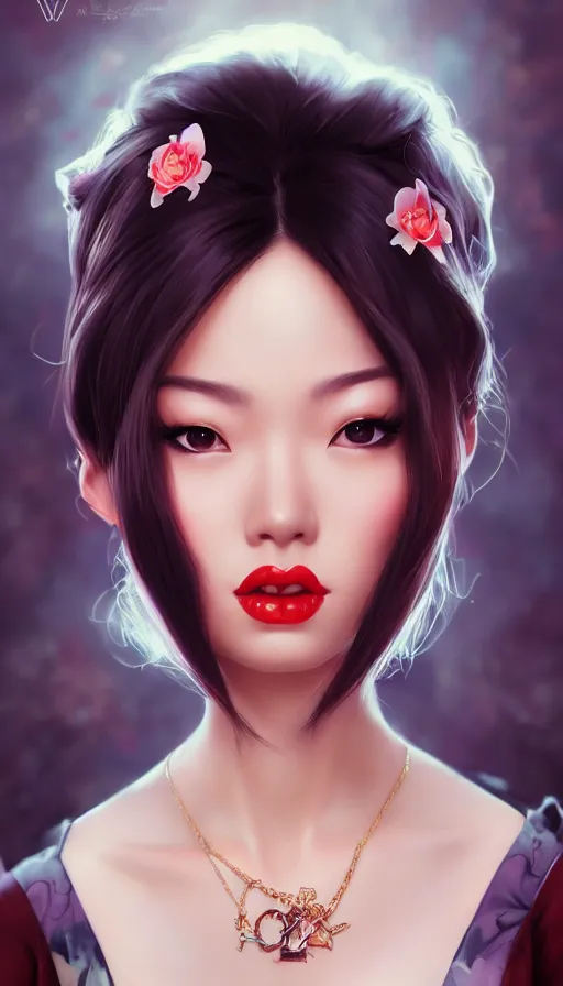 Image similar to a pin up and beautiful fashion and charming and dreamlke asian girl with lv jewelry, medium shot, art by artgerm & ross tran & wlop, hyperdetailed, 8 k realistic, symmetrical, frostbite 3 engine, cryengine, dof, trending on artstation, digital art