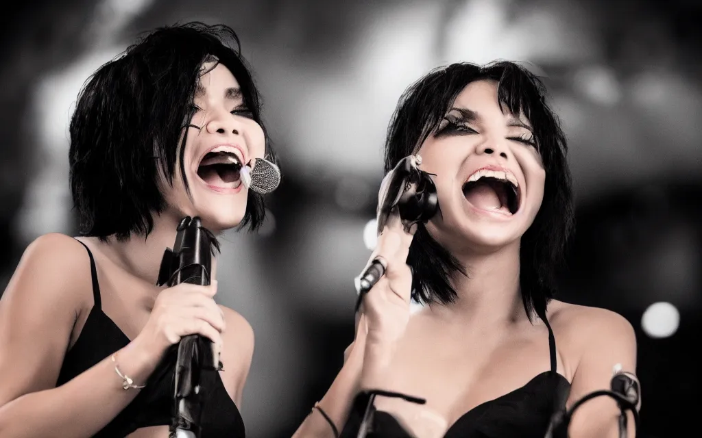 Prompt: The face of a beautiful woman, with short black hair on stage singing into a microphone. 4K HD Wallpaper. Premium Prints Available