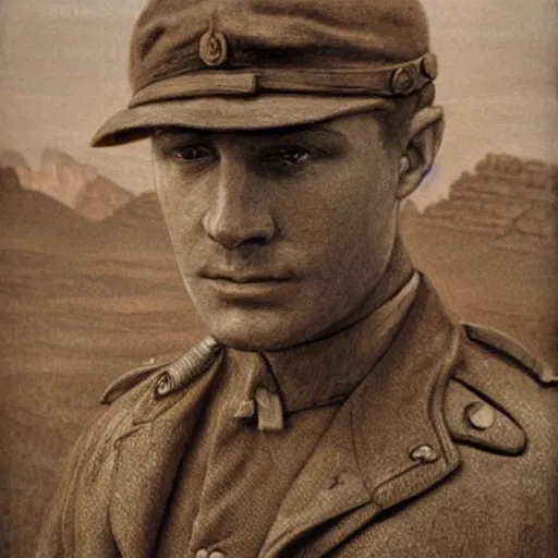 Image similar to a detailed photorealistic sepia - toned color portrait painting of a 1 9 1 7 worried clean - shaven british lieutenant in detailed field gear not wearing a hat in wadi rum, ultra realistic, intricate details, lovecraft, atmospheric, dark, horror, brooding, highly detailed, by clyde caldwell