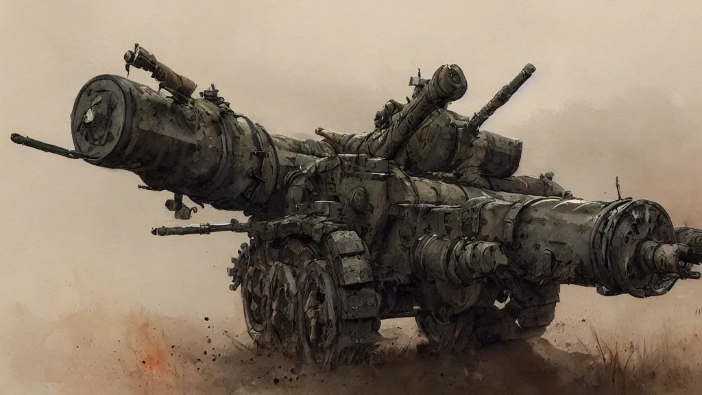 Image similar to closeup of m 7 7 7 howitzer artillery, watercolored, jakub rozalski, dark colours, dieselpunk, high quality, artstation