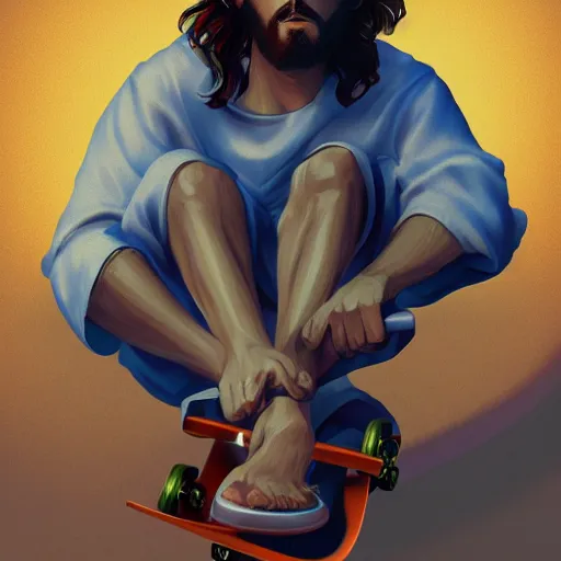 Prompt: photo of jesus christ riding a skateboard, digital art, artstation