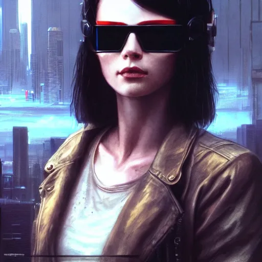 Prompt: portrait of a young beautiful cyberpunk woman, sunglasses, neuromancer, looking out over a cyberpunk city background, megacity, gorgeous view, depth, painted by seb mckinnon, high detail, digital art, painted by greg rutkowski, trending on artstation
