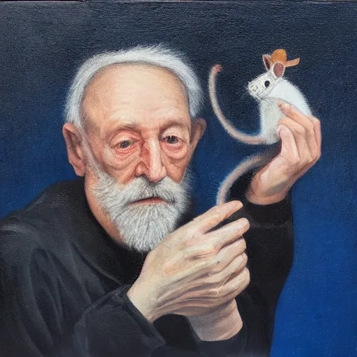 Prompt: A portrait of an old man holding a rat in his hand, dark, blue light, black gradient background, oil painting