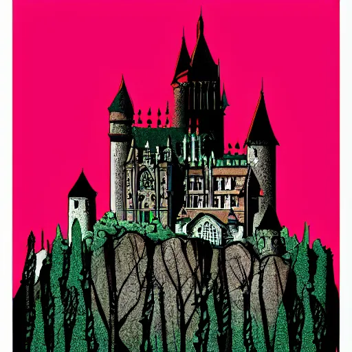 Prompt: beautiful gothic castle landscape in the style of Pop art