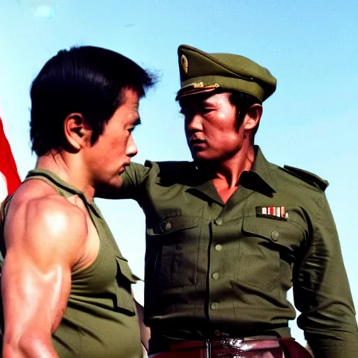 Image similar to a still of Rambo First blood with Kim Jong-il on the role of John Rambo