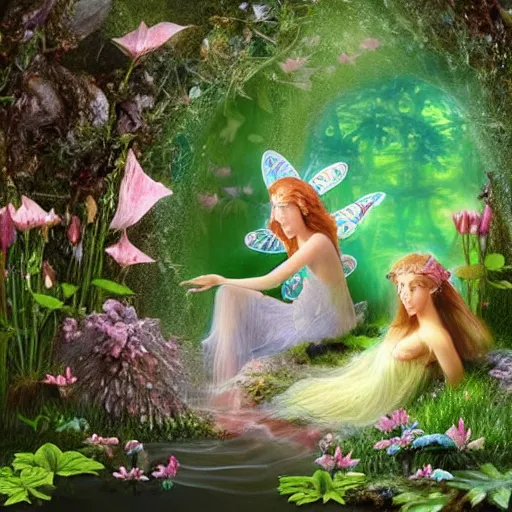 Prompt: fairies, relax_by_the_forest_stream_along_mystic_flowers_made_of_fairy_dust_by_Tove_Janss