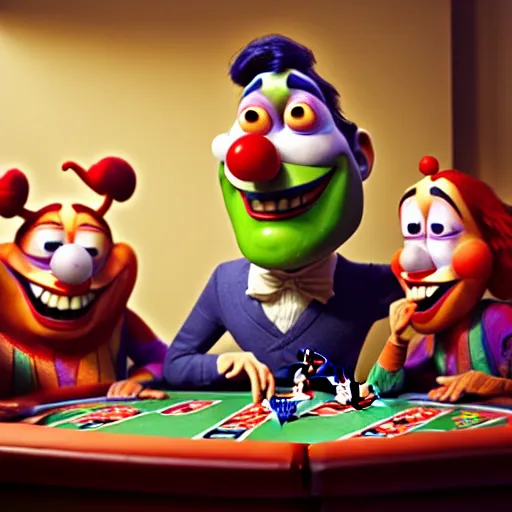 Image similar to pixar clowns playing poker, smiling maniacally | glamorous oily soft polished rich ornate modern | weta disney pixar movie still photo | hi - fructose, sci fi fantasy, smooth, octane render, sharp focus, artstation, concept art | artgerm, mucha, rutkowski, feng zhu, wlop, loish