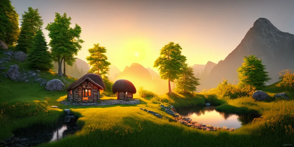 Prompt: a beautiful fantasy landscape, mountain in background, little cottage, small pond, some trees in the corner, sunrise, hyper realism, octane render, art by philipp urlich