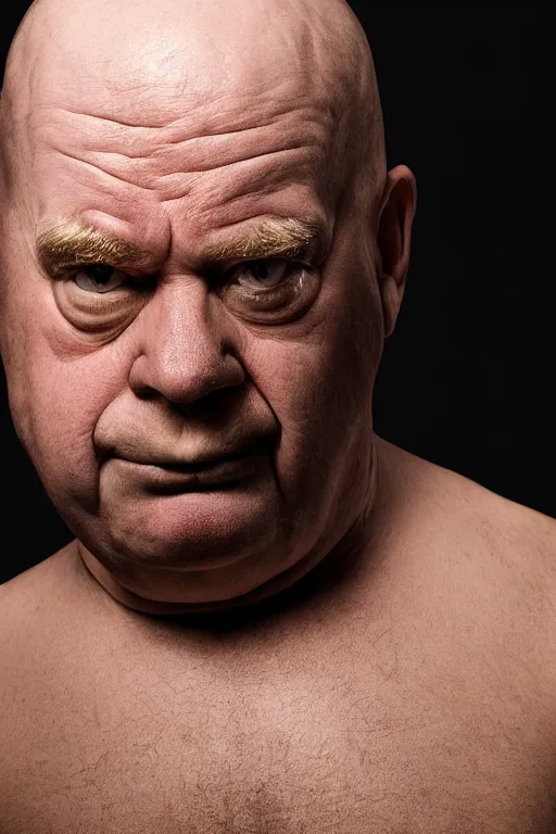 Prompt: studio portrait of man that looks excactly like homer simpson, lookalike, as if homer simpson came to life, soft light, black background, fine details, close - up, award winning photo by jimmy nelson