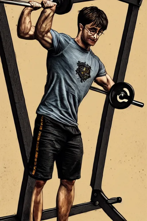 Image similar to highly detailed rendering of Daniel Radcliffe as Harry Potter doing barbell back squats, dingy workout gym, wearing a muscle tee shirt, muscular deep squats, symmetrical, highly detailed, digital painting, artstation, concept art, smooth, sharp focus, illustration, cinematic lighting, art by artgerm and greg rutkowski and alphonse mucha