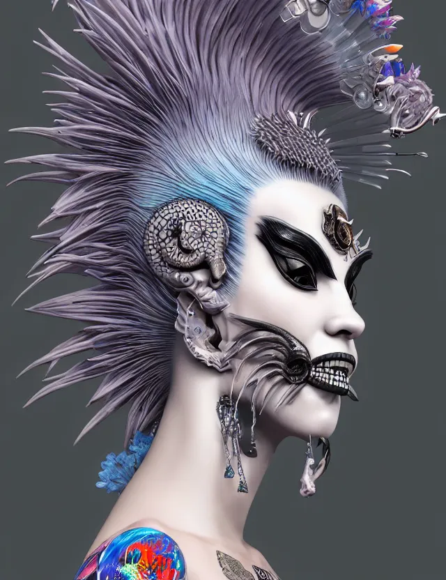 Image similar to 3 d goddess close - up profile portrait punk with mohawk with ram skull. beautiful intricately detailed japanese crow kitsune mask and clasical japanese kimono. betta fish, jellyfish phoenix, bio luminescent, plasma, ice, water, wind, creature, artwork by tooth wu and wlop and beeple and greg rutkowski