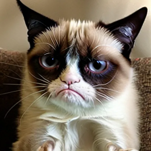 Prompt: grumpy cat with an upside down mouth