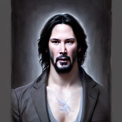 Prompt: beautiful striking Pre-Raphaelite Keanu Reeves by Artgerm and Greg Rutkowski, pale, intricate, elegant, highly detailed, digital painting