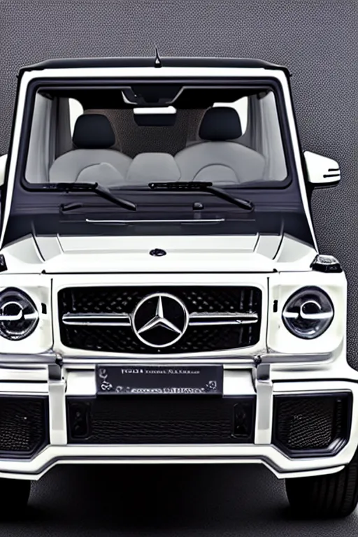 Image similar to Photo of a white 2019 Mercedes-Benz G63, daylight, front view, studio lighting, high resolution.