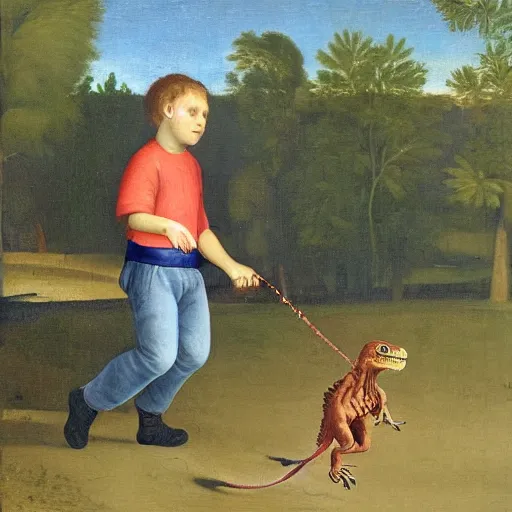 Image similar to a kid at the park walking a velociraptor with a leash, renaissance oil painting