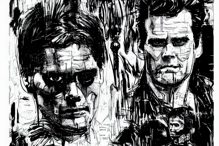 Image similar to jim carrey in the blade runner, a page from cyberpunk 2 0 2 0, style of paolo parente, style of mike jackson, adam smasher, johnny silverhand, 1 9 9 0 s comic book style, white background, ink drawing, black and white