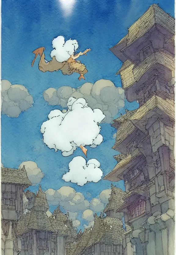 Image similar to a simple watercolor fantasy concept art of a giant grey cube floating in the air. by studio ghibli, rebecca guay, michael kaluta, charles vess