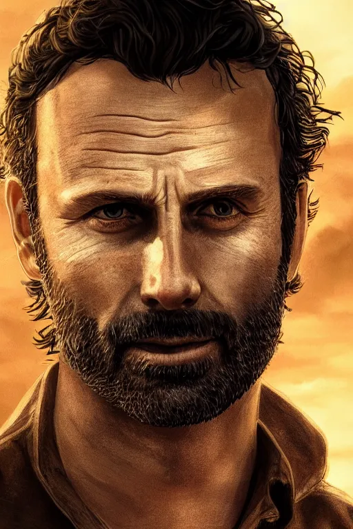 Image similar to portrait art of rick grimes 8 k ultra realistic, digital art, character portrait, highly detailed, trending on artstation, lens flare, atmosphere, hyper realistic, cinematic lightning, sharp focus, unreal engine 5, extreme details perfect face, pretty face, fine - face, illustration, 8 k, ultra texture, masterpiece