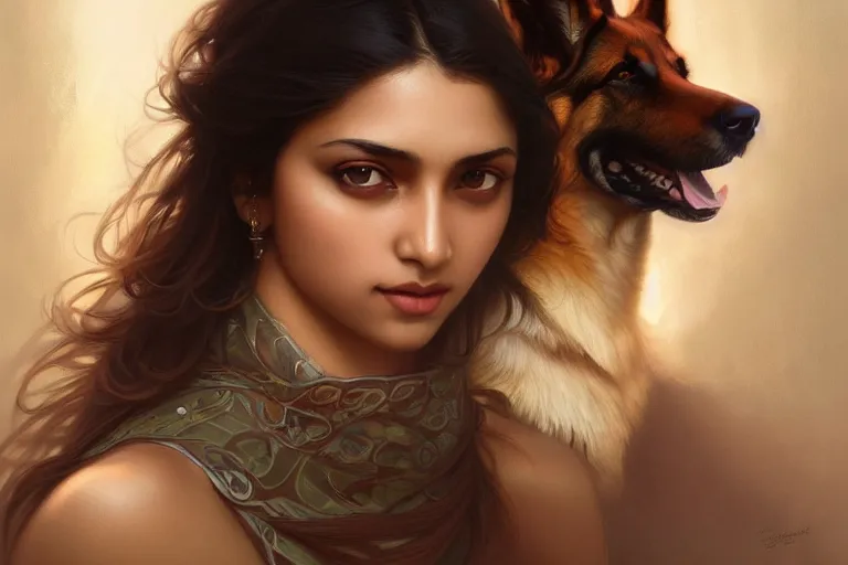 Image similar to sensual good looking pale young bengali girl with soulful eyes with a majestic german shepherd, portrait, elegant, intricate, digital painting, artstation, concept art, smooth, sharp focus, illustration, art by artgerm and greg rutkowski and alphonse mucha