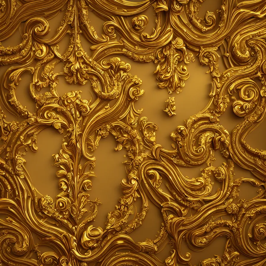 Image similar to subsurface scattering, seamless 3 d baroque gold pattern, beautiful dynamic shadows, gold and pearls, symmetrical, rococo elements, damask, artstation, versace pattern, concept design art, octane render, 8 k