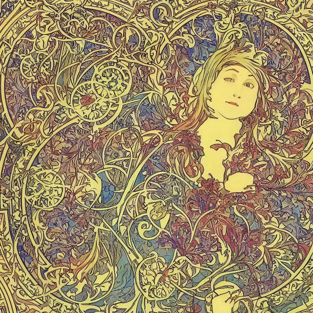 Image similar to colourful detailed ornamental photoreal shaded abstract art nouveau full sized circle, art by alphonse mucha and walter crane and louis sullivan and william morris