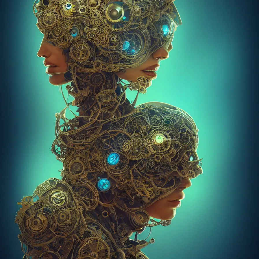 Image similar to beautiful symmetrical face portrait android woman time machine axonometric mechanical fantasy intricate elegant highly detailed in volumetric void of latent space lush flowers intricate jewellery, realm of the gods golden turquoise steampunk, axonometric high contrast cinematic light, mystical shadows, digital painting, sharp focus, octane render, photographic, concept art, artist leonardo davinci, unreal engine 8 k