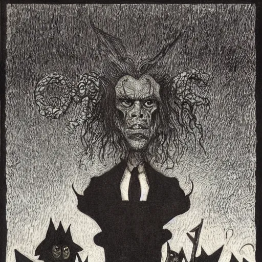 Image similar to Nick Cave in disguise as the devil, by Santiago Caruso, by M.C. Escher, by Kazimir Malevich, fairy-tale illustration style, very detailed, colorful, beautiful, eerie, surreal, psychedelic