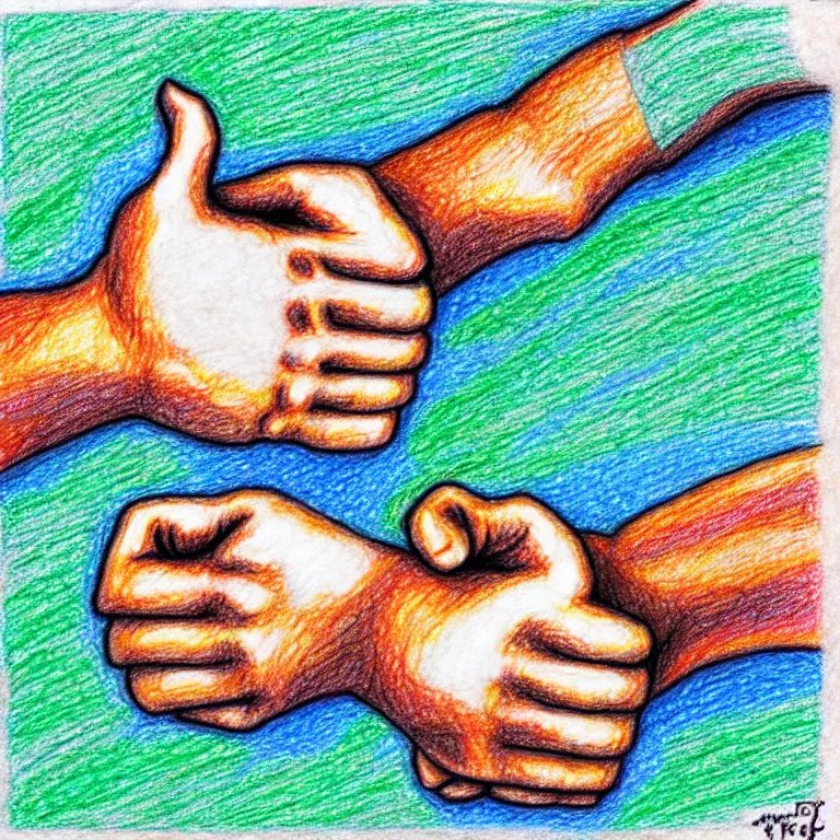 Prompt: Thumbs up; Thumbs down. Do you share your prompts around? If you take, I do not fret, but if I copy and also alter, will you regret, will our friendship falter? colored-pencil drawing as a fancy square tile