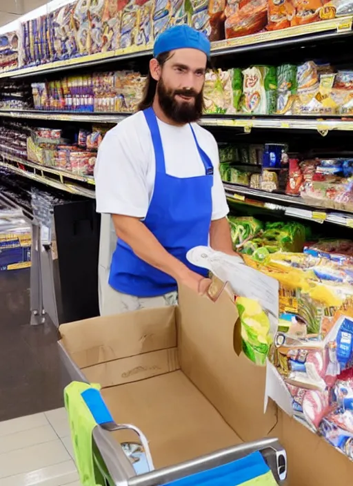 Prompt: jesus looking nervous bagging groceries on a hot day at walmart