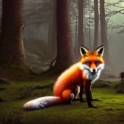 Image similar to fox in a forest with a snakeskin tail, ultra realistic, concept art, intricate details, eerie, highly detailed, photorealistic, octane render, 8k, unreal engine, art by artgerm and Blaz Porenta