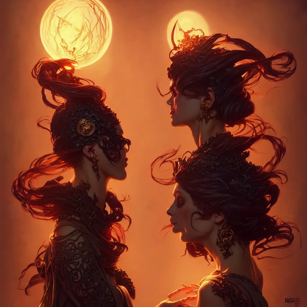 Image similar to Beautiful Evil Necromancer Sorceress, fantasy magic, undercut hairstyle, dramatic lighting, golden hour, close to night, intricate, elegant, sharp focus, illustration, highly detailed, digital painting, concept art, matte, art by WLOP and Artgerm and Greg Rutkowski and Alphonse Mucha, masterpiece