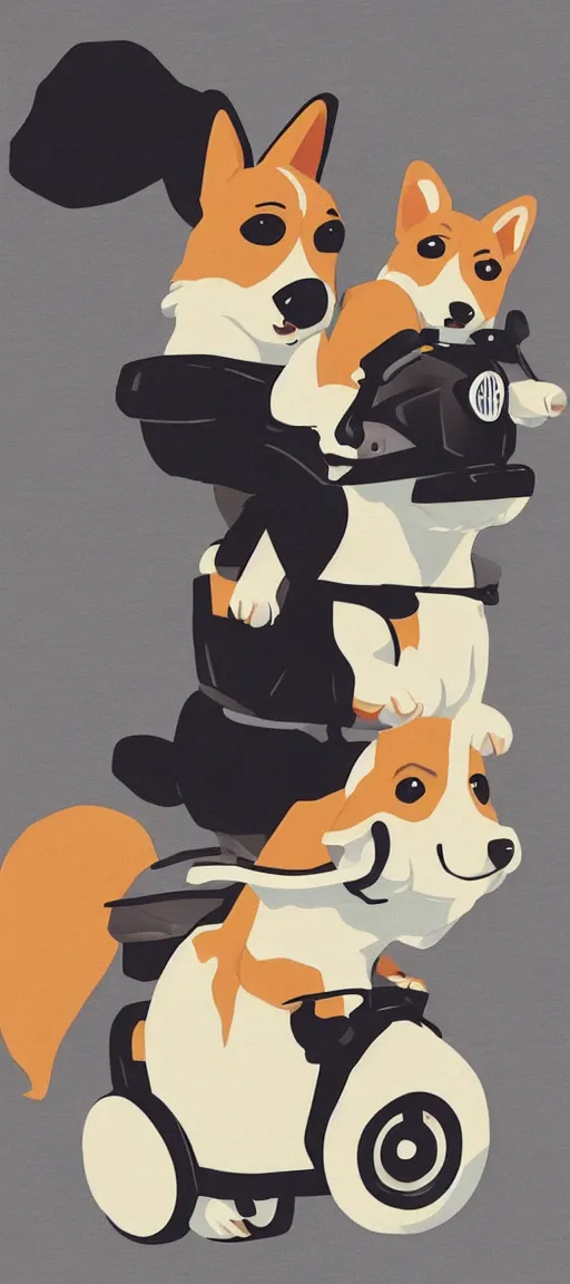 Image similar to A cute corgi riding a motorcycle in the style of Hiroshi Nagai