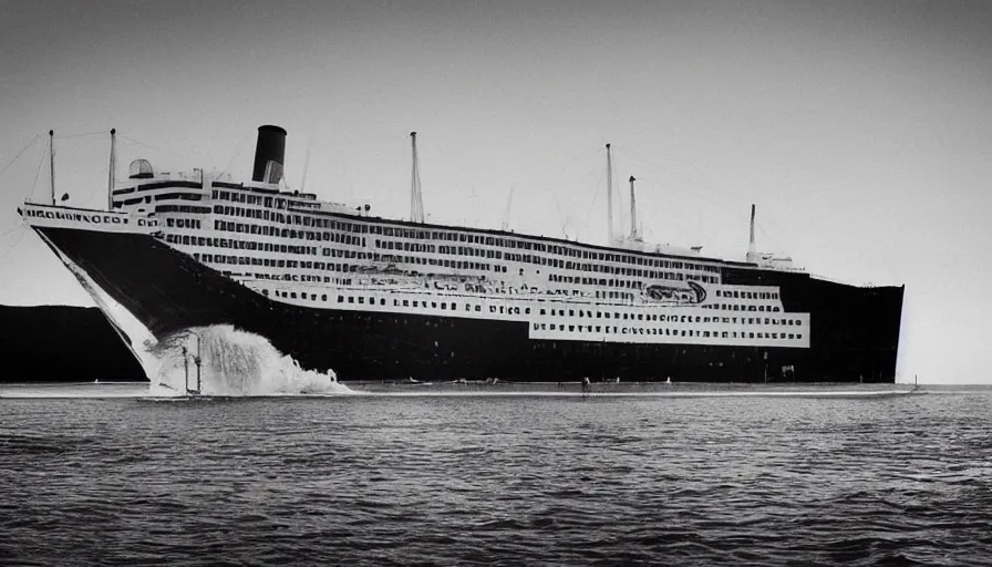 Prompt: ocean liner leaning to one side, daytime, 35mm black and white photograph