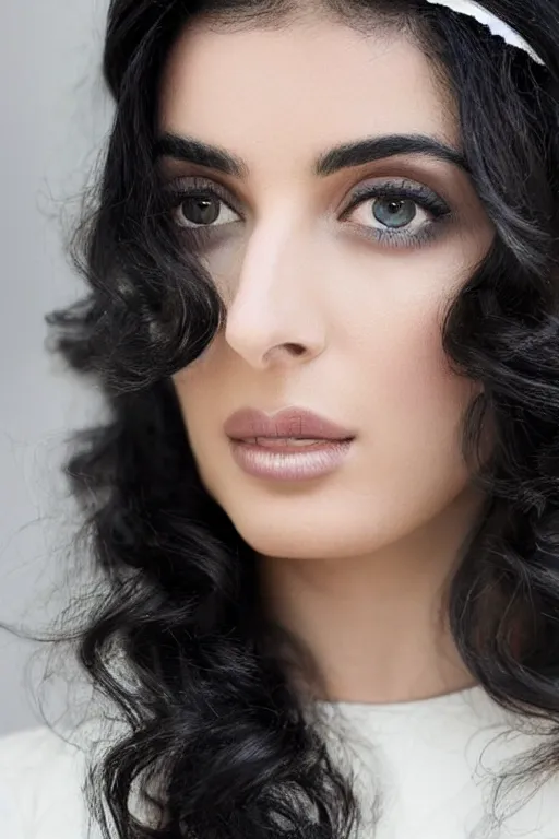 Image similar to Ameera al-Taweel, blue eyes, long wavy black hair, white veil, closeup, focus face