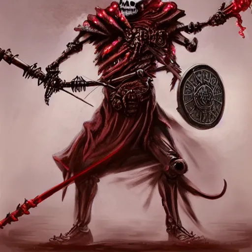 Image similar to concept art of skeleton holding a medieval shield and spear, d & d surrounded by red evil death tentacles, hyper detailed, hyper realistic, dark atmosphere, full body, full frame in the style of frank frazetta