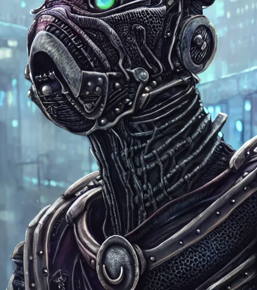 Prompt: detailed realistic Argonian cyberpunk wearing thick steel collar around neck, realistic, art, beautiful, 4K, collar, choker, collar around neck, punk, artstation, detailed, female, woman, choker, cyberpunk, neon, punk, collar, choker, collar around neck, thick collar, tight around neck, punk,